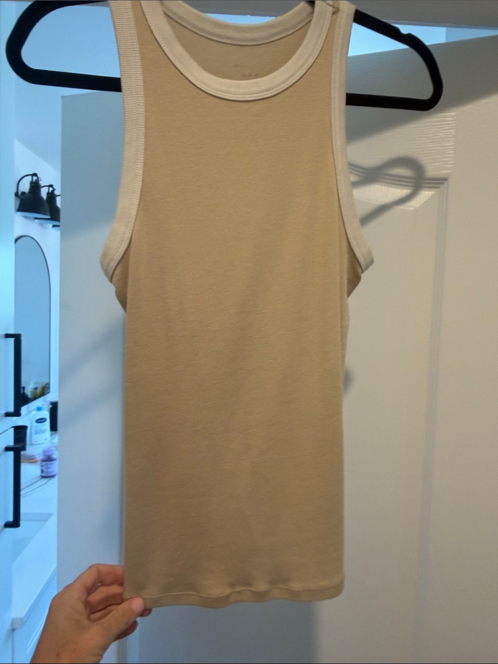 a new day Beige Muscle Tank with White Trim